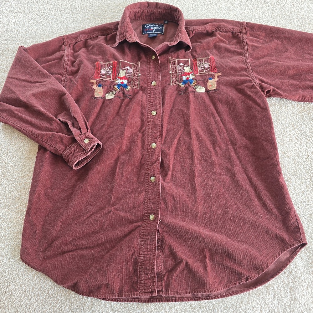 Vtg Let's Quizz Again Corduroy Button-Up Shirt Embroidered Bears Cabin Woods L